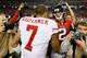 ATLANTA, GA - JANUARY 20: Matt Ryan (R) #2 of the Atlanta Falcons congratulates Colin Kaepernick #7 of the San Francisco 49ers after the 49ers won 28-24 in the NFC Championship game at the Georgia Dome on January 20, 2013 in Atlanta, Georgia. (Photo by Kevin C. Cox/Getty Images)