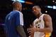 LOS ANGELES, CA - JANUARY 27: Metta World Peace #15 of the Los Angeles Lakers talks to Kobe Bryant #24 of the Los Angeles Lakers during the game against the Oklahoma City Thunder at Staples Center on January 27, 2013 in Los Angeles, California. NOTE TO USER: User expressly acknowledges and agrees that, by downloading and or using this photograph, User is consenting to the terms and conditions of the Getty Images License Agreement. (Photo by Harry How/Getty Images)