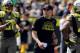 EUGENE, OR - APRIL 27: Head coach Mark Helfrich of the Oregon Ducks watches the action on the field in the first half of the Oregon Spring Game at Autzen Stadium on April 27, 2013 in Eugene, Oregon. (Photo by Steve Dykes/Getty Images)