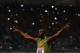 LONDON, ENGLAND - JULY 26: Usain Bolt of Jamaica acknowledges the crowd ahead of the Men's 100m A race on day one during the Sainsbury's Anniversary Games - IAAF Diamond League 2013 at The Queen Elizabeth Olympic Park on July 26, 2013 in London, England. (Photo by Jan Kruger/Getty Images for Sainsburys)