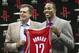 HOUSTON - JULY 13: Houston Rocktes head coach Kevin McHale (L) and Dwight Howard hold up his new jersey during a press conference on July 13, 2013 in Houston, Texas. (Photo by Bob Levey/Getty Images)