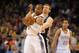 Dec 17, 2012; Oklahoma City, OK, USA; Oklahoma City Thunder guard Russell Westbrook (front) steals the ball from San Antonio Spurs forward Matt Bonner (15) during the second half at Chesapeake Energy Arena. Mandatory Credit: Mark D. Smith-USA TODAY Sports