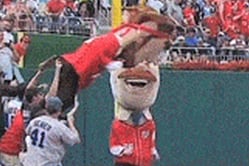 Lincoln Gives Roosevelt Flying Tackle in Washington Nationals' Presidents Race