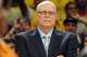 Apr 2, 2013; Los Angeles, CA, USA; Phil Jackson looks on as the jersey of Los Angeles Lakers former player Shaquille O'Neal (not pictured) is retired during a half time ceremony during the game against the Dallas Mavericks at the Staples Center. Mandatory Credit: Jayne Kamin-Oncea-USA TODAY Sports