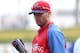 March 17, 2013; Clearwater, FL, USA; Philadelphia Phillies third baseman Michael Young (10) works out prior to the game against the Baltimore Orioles at Bright House Networks Field. Mandatory Credit: Kim Klement-USA TODAY Sports