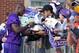 Jul 26, 2013; Mankato, MN, USA; Minnesota Vikings running back Adrian Peterson (28) signs autographs for fans during training camp at Minnesota State University. Mandatory Credit: Brace Hemmelgarn-USA TODAY Sports