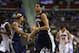Feb 19, 2013; Auburn Hills, MI, USA; Memphis Grizzlies power forward Austin Daye (5) celebrates with point guard Jerryd Bayless (7) during the fourth quarter against the Detroit Pistons at The Palace of Auburn Hills. Grizzlies beat the Pistons 105-91. Mandatory Credit: Raj Mehta-USA TODAY Sports