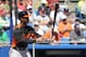 March 16, 2013; Dunedin, FL, USA; Baltimore Orioles left fielder L.J. Hoes (71) at bat against the Toronto Blue Jays at Florida Auto Exchange Stadium. Mandatory Credit: Kim Klement-USA TODAY Sports