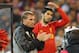MELBOURNE, AUSTRALIA - JULY 24: Liverpool FC Manager Brendan Rodgers (L) looks on as Luis Suarez of Liverpool is substituted into the match during the match between the Melbourne Victory and Liverpool at the Melbourne Cricket Ground on July 24, 2013 in Melbourne, Australia. (Photo by Scott Barbour/Getty Images)