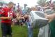 Jul 26, 2013; Foxborough, MA, USA; New England Patriots quarterback Tom Brady signs autographs following training camp at the practice fields of Gillette Stadium. Mandatory Credit: Stew Milne-USA TODAY Sports