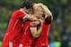LONDON, ENGLAND - MAY 25: Arjen Robben of Bayern Muenchen (C) celebrates victory with team mates Javi Martinez (L) and Anatoliy Tymoshchuk (R) after the UEFA Champions League final match between Borussia Dortmund and FC Bayern Muenchen at Wembley Stadium on May 25, 2013 in London, United Kingdom. (Photo by Alex Livesey/Getty Images)