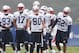 FOXBORO, MA - JULY 26: Levelle Hawkins #83, Aaron Dobson #17, Danny Amendola #80, and Josh Boyce #82 gets into position during a drill on the first day of New England Patriots Training Camp at Gillette Stadium on July 26, 2013 in Foxboro, Massachusetts. (Photo by Jim Rogash/Getty Images)