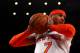 NEW YORK, NY - MAY 16: Carmelo Anthony #7 of the New York Knicks rebounds the ball against the Indiana Pacers during Game Five of the Eastern Conference Semifinals of the 2013 NBA Playoffs at Madison Square Garden on May 16, 2013 in New York City. NOTE TO USER: User expressly acknowledges and agrees that, by downloading and or using this photograph, User is consenting to the terms and conditions of the Getty Images License Agreement. (Photo by Elsa/Getty Images)