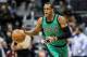 Jan 23, 2013; Atlanta, GA, USA; Boston Celtics point guard Rajon Rondo (9) takes the ball down the court in the first quarter against the Atlanta Hawks at Philips Arena. Mandatory Credit: Daniel Shirey-USA TODAY Sports