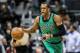 Jan 23, 2013; Atlanta, GA, USA; Boston Celtics point guard Rajon Rondo (9) takes the ball down the court in the first quarter against the Atlanta Hawks at Philips Arena. Mandatory Credit: Daniel Shirey-USA TODAY Sports