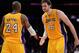 Apr 9, 2013; Los Angeles, CA, USA; Los Angeles Lakers power forward Pau Gasol (16) and shooting guard Kobe Bryant (24) in the second half against the New Orleans Hornets at the Staples Center. Lakers won 104-96. Mandatory Credit: Jayne Kamin-Oncea-USA TODAY Sports