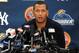 Aug 2, 2013; Trenton, NJ, USA; Trenton Thunder third baseman Alex Rodriguez answers questions after facing the Reading Fighting Phils at Arm & Hammer Park. Mandatory Credit: Joe Camporeale-USA TODAY Sports