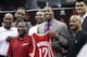 HOUSTON - JULY 13: Dwight Howard (3R) stands with former Houston Rockets former players (L-R) Clyde Drexler, Ralph Sampson, Calvin Murphy, Hakeem Olajuwon, Yao Ming and John Lucas during a press conference on July 13, 2013 in Houston, Texas. (Photo by Bob Levey/Getty Images)