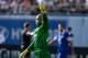 Aug 3, 2013; Los Angeles, CA, USA; Everton goalkeeper Tim Howard gestures to the crowd during the game against Real Madrid at Dodger Stadium. Mandatory Credit: Robert Hanashiro-USA TODAY Sports