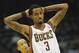 Mar 4, 2013; Milwaukee, WI, USA; Milwaukee Bucks guard Brandon Jennings (3) during the game against the Utah Jazz at the Bradley Center. Mandatory Credit: Benny Sieu-USA TODAY Sports