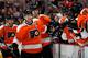 PHILADELPHIA, PA - MARCH 26: Claude Giroux #28 of the Philadelphia Flyers celebrates a third period goal by Jakub Voracek #93 (not shown) against the New York Rangers at the Wells Fargo Center on March 26, 2013 in Philadelphia, Pennsylvania. The Rangers defeated the Flyers 5-2 (Photo by Bruce Bennett/Getty Images)