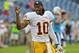 Aug 8, 2013; Nashville, TN, USA; Washington Redskins quarterback Robert Griffin III (10) during warm up prior to the game agains the Tennessee Titans at LP Field. Mandatory Credit: Jim Brown-USA TODAY Sports