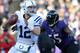 BALTIMORE, MD - JANUARY 06: Quarterback Andrew Luck #12 of the Indianapolis Colts is hit by linebacker Terrell Suggs #55 of the Baltimore Ravens during the AFC Wild Card Playoff Game at M&T Bank Stadium on January 6, 2013 in Baltimore, Maryland. (Photo by Patrick Smith/Getty Images)
