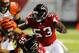 Aug 8, 2013; Atlanta, GA, USA; Atlanta Falcons linebacker Brian Banks (53) makes a play against the Cincinnati Bengals during the second half at the Georgia Dome. The Bengals defeated the Falcons 34-10. Mandatory Credit: Dale Zanine-USA TODAY Sports