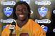 Aug 5, 2013; Richmond, VA, USA; Washington Redskins quarterback Robert Griffin III (10) talks with the media after the morning walkthrough as part of the 2013 NFL training camp at the Bon Secours Washington Redskins Training Center. Mandatory Credit: Geoff Burke-USA TODAY Sports