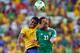 FORTALEZA, BRAZIL - JUNE 19: Hiram Mier of Mexico jumps with Luiz Gustavo of Brazil during the FIFA Confederations Cup Brazil 2013 Group A match between Brazil and Mexico at Castelao on June 19, 2013 in Fortaleza, Brazil. (Photo by Clive Rose/Getty Images)