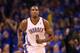 OKLAHOMA CITY, OK - MAY 01: Serge Ibaka #9 of the Oklahoma City Thunder during Game Five of the Western Conference Quarterfinals of the 2013 NBA Playoffs against the Houston Rockets at Chesapeake Energy Arena on May 1, 2013 in Oklahoma City, Oklahoma. The Rockets defeated the Thunder 107-100. NOTE TO USER: User expressly acknowledges and agrees that, by downloading and or using this photograph, User is consenting to the terms and conditions of the Getty Images License Agreement. (Photo by Christian Petersen/Getty Images)