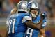 DETROIT, MI - AUGUST 30: Calvin Johnson #81 of the Detroit Lions celebrates a first quarter touchdown with Matthew Stafford #9 while playing the Buffalo Bills during a pre season game at Ford Field on August 30, 2012 in Detroit, Michigan. (Photo by Gregory Shamus/Getty Images)