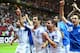 WARSAW, POLAND - JUNE 16: Giorgos Karagounis of Greece (C) celebrates with team mates victory and progress to the quarter finals during the UEFA EURO 2012 group A match between Greece and Russia at The National Stadium on June 16, 2012 in Warsaw, Poland. (Photo by Shaun Botterill/Getty Images)