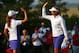 PARKER, CO - AUGUST 16: Suzann Pettersen of Norway and the European Team celebrates after making a putt with Beatriz Recari of Spain on the second hole during the Friday morning foursomes matches at the 2013 Solheim Cup on August 16, 2013 at Colorado Golf Club in Parker, Colorado. (Photo by Chris Graythen/Getty Images)