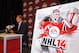 Jun 30, 2013; Newark, NJ, USA; New Jersey Devils goaltender Martin Brodeur speaks to the media about being named the EA Sports NHL 14 cover athlete before the 2013 NHL Draft at the Prudential Center. Mandatory Credit: Ed Mulholland-USA TODAY Sports