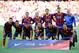 BARCELONA, SPAIN - AUGUST 18: (Back row L-R) Adriano Correia, Javier Mascherano, Sergio Busquets, Gerard Pique, Victor Valdes (Front row L-R) Lionel Messi, Dani Alves, Alexis Sanchez, Pedro Rodriguez with his son, Cesc Fabregas and Xavi Hernandez prior to the La Liga match between FC Barcelona and Levante UD on August 18, 2013 in Barcelona, Spain. (Photo by David Ramos/Getty Images)