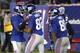 Nov 25, 2012; East Rutherford, NJ, USA; New York Giants wide receiver Rueben Randle (82) celebrates his touchdown with teammates Hakeem Nicks (left) and Victor Cruz (right) against the Green Bay Packers during the first half at MetLife Stadium. Mandatory Credit: Mark L. Baer-USA TODAY Sports
