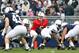 Apr 20, 2013; University Park, PA, USA; Penn State Nittany Lions quarterback Tyler Ferguson (5) looks down the line of scrimmage in the first quarter of the Blue White spring game at Beaver Stadium. Mandatory Credit: Matthew O'Haren-USA TODAY Sports