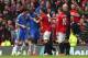 MANCHESTER, ENGLAND - MAY 05: Ryan Giggs of Manchester United clashes with Oscar of Chelsea before Rafael Da Silva is sent off during the Barclays Premier League match between Manchester United and Chelsea at Old Trafford on May 5, 2013 in Manchester, England. (Photo by Alex Livesey/Getty Images)