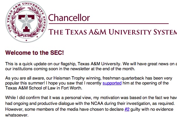 A&M Chancellor Sends out Email Blasting Darren Rovell's Reporting