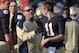 SOUTH BEND, IN - OCTOBER 29: Head coach Brian Kelly of the Notre Dame Fighting Irish talks with Tommy Rees #11 after Rees threw a touchdown pass to Michael Floyd against the Navy Midshipmen at Notre Dame Stadium on October 29, 2011 in South Bend, Indiana. Notre Dame defeated Navy 56-14. (Photo by Jonathan Daniel/Getty Images)