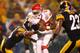 PITTSBURGH, PA - NOVEMBER 12: Jamaal Charles #25 of the Kansas City Chiefs scores a 12-yard rushing touchdown in the first quarter against the Pittsburgh Steelers at Heinz Field on November 12, 2012 in Pittsburgh, Pennsylvania. (Photo by Gregory Shamus/Getty Images)