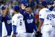 LOS ANGELES, CA - AUGUST 11: Manager Don Mattingly of the Los Angeles Dodgers high fives Jerry Hairston Jr. and Carlos Marmol #49 the Los Angeles Dodgers after the game against the Tampa Bay Rays at Dodger Stadium on August 11, 2013 in Los Angeles, California. The Dodgers won 8-2. (Photo by Stephen Dunn/Getty Images)