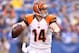 INDIANAPOLIS, IN - AUGUST 30: Andy Dalton #14 of the Cincinnati Bengals throws a pass during the game against the Indianapolis Colts at Lucas Oil Stadium on August 30, 2012 in Indianapolis, Indiana. (Photo by Andy Lyons/Getty Images)