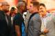NEW YORK, NY - JUNE 24: Floyd Mayweather and Canelo Alvarez face-off during a news conference at the Pedestrian Walk in Times Square on June 24, 2013 in New York City. Floyd Mayweather and Canelo Alvarez are scheduled to fight September 14 at the MGM Grand in Las Vegas, Nevada to unifty their junior middleweight world titles. (Photo by Mike Stobe/Getty Images)