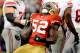 SAN FRANCISCO, CA - JANUARY 22: Patrick Willis #52 of the San Francisco 49ers reacts after he sacked Eli Manning #10 of the New York Giants in the second half during the NFC Championship Game at Candlestick Park on January 22, 2012 in San Francisco, California. (Photo by Thearon W. Henderson/Getty Images)