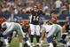 Aug 24, 2013; Arlington, TX, USA; Cincinnati Bengals quarterback Andy Dalton (14) calls a play in the first quarter of the game against the Dallas Cowboys at AT&T Stadium. The Cowboys won 24-18. Mandatory Credit: Tim Heitman-USA TODAY Sports