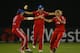 CHELMSFORD, ENGLAND - AUGUST 27: Arran Brindle (L) of England is congratulated by team mates after running out Meg Lanning of Australia during the 1st NatWest T20 match between England Women and Australia Womens at Ford County Ground on August 27, 2013 in Chelmsford, England. (Photo by Julian Finney/Getty Images)