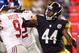 PITTSBURGH, PA - AUGUST 10: Vince Williams #44 of the Pittsburgh Steelers sacks Ryan Nassib #9 of the New York Giants during the game on August 10, 2013 at Heinz Field in Pittsburgh, Pennsylvania. (Photo by Justin K. Aller/Getty Images)