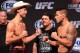 Aug 27, 2013; Indianapolis, IN, USA; Donald Cerrone (left) and Rafael dos Anjos during weigh-ins for the upcoming UFC Fight Night 27 at Bankers Life Fieldhouse. Mandatory Credit: Pat Lovell-USA TODAY Sports